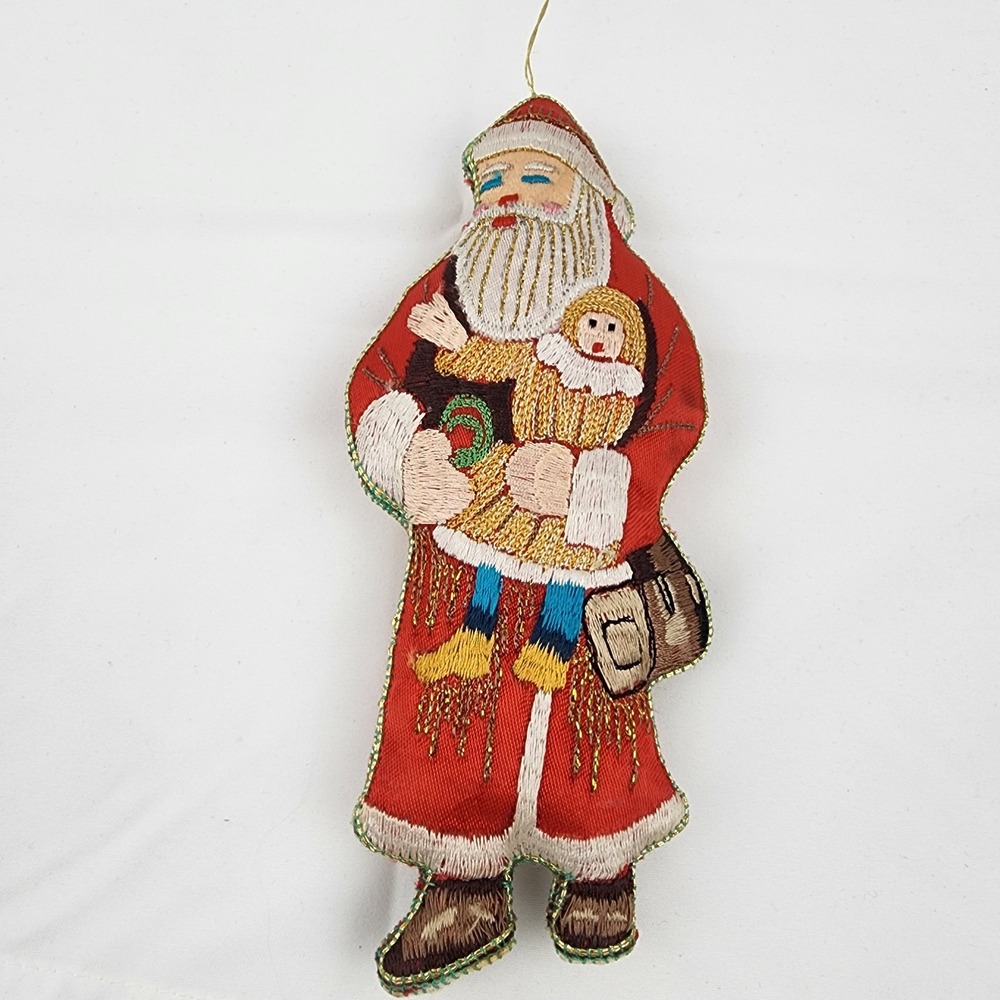 Old World Embroidered Stuffed Santa Ornament Gold‎ Thread 6 In Christmas Holiday